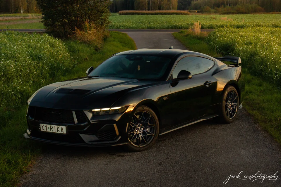 Czarny Ford Mustang na drodze wśród zieleni